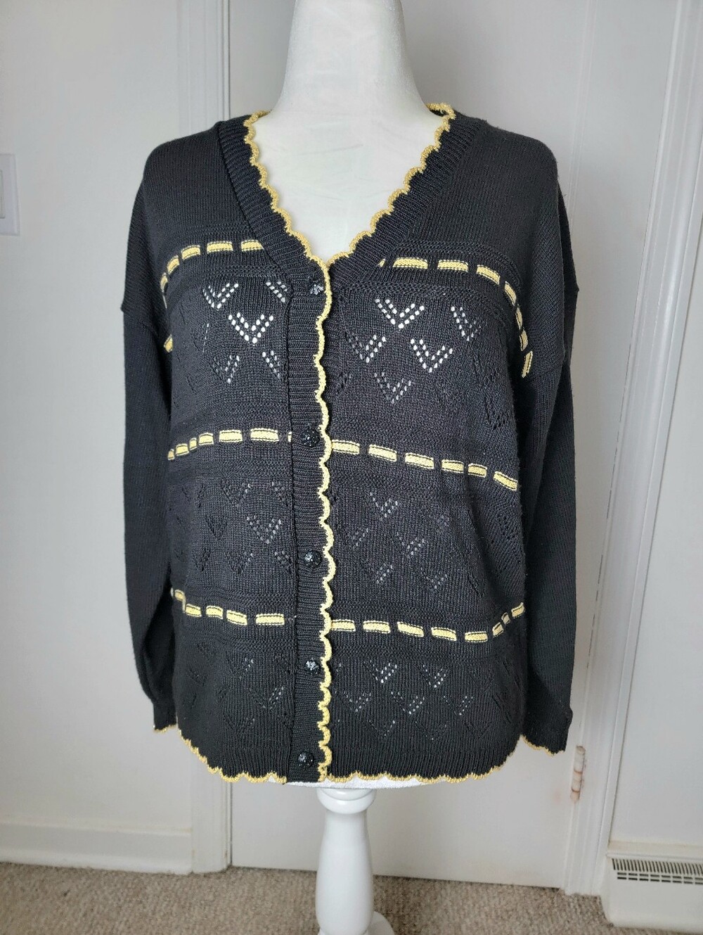 Vtg Cape Cod Sportswear Black Cardigan Sweater Women L, Metallic Scalloped Edges